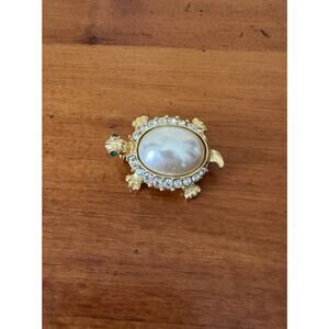 Vintage Faux Pearl Turtle Brooch Gold Tone Rhinestone Shell Green Crystal Eyes